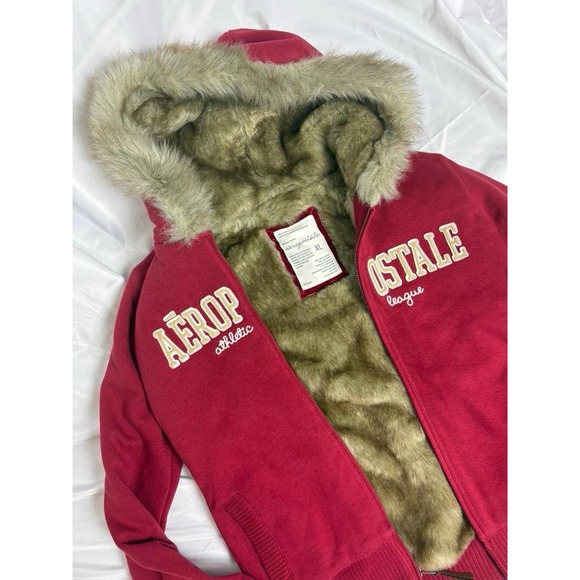 Aeropostale Y2K Faux Fur Lined Zip Up Hoodie XL Red Rare - Picture 6 of 6